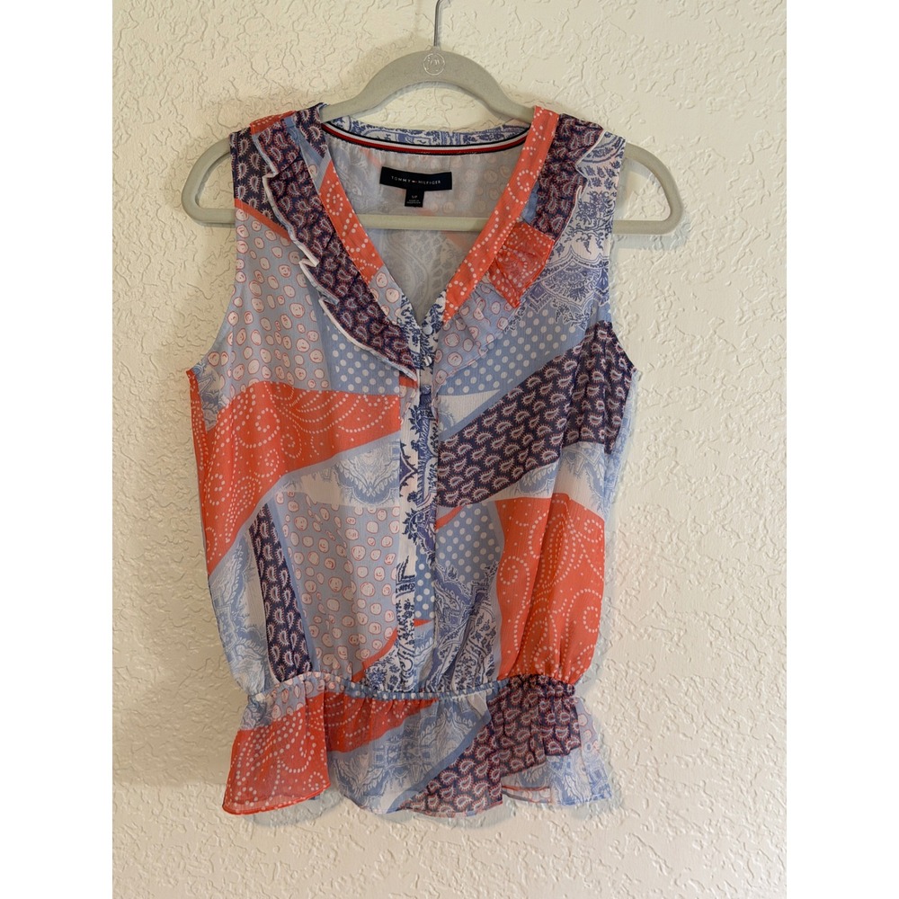 Tommy Hilfiger Sleeveless Blouse Multicolor S Women Ruffle V-Neck Patchwork - Picture 11 of 11